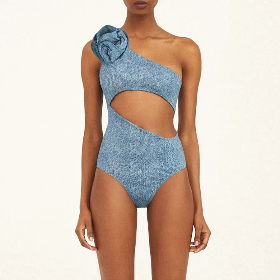 Flower Decorative One-shoulder Hollow Soft Cowboy Siamese Swimsuit - Bellarte Enchanté Flower Decorative One-shoulder Hollow Soft Cowboy Siamese Swimsuit